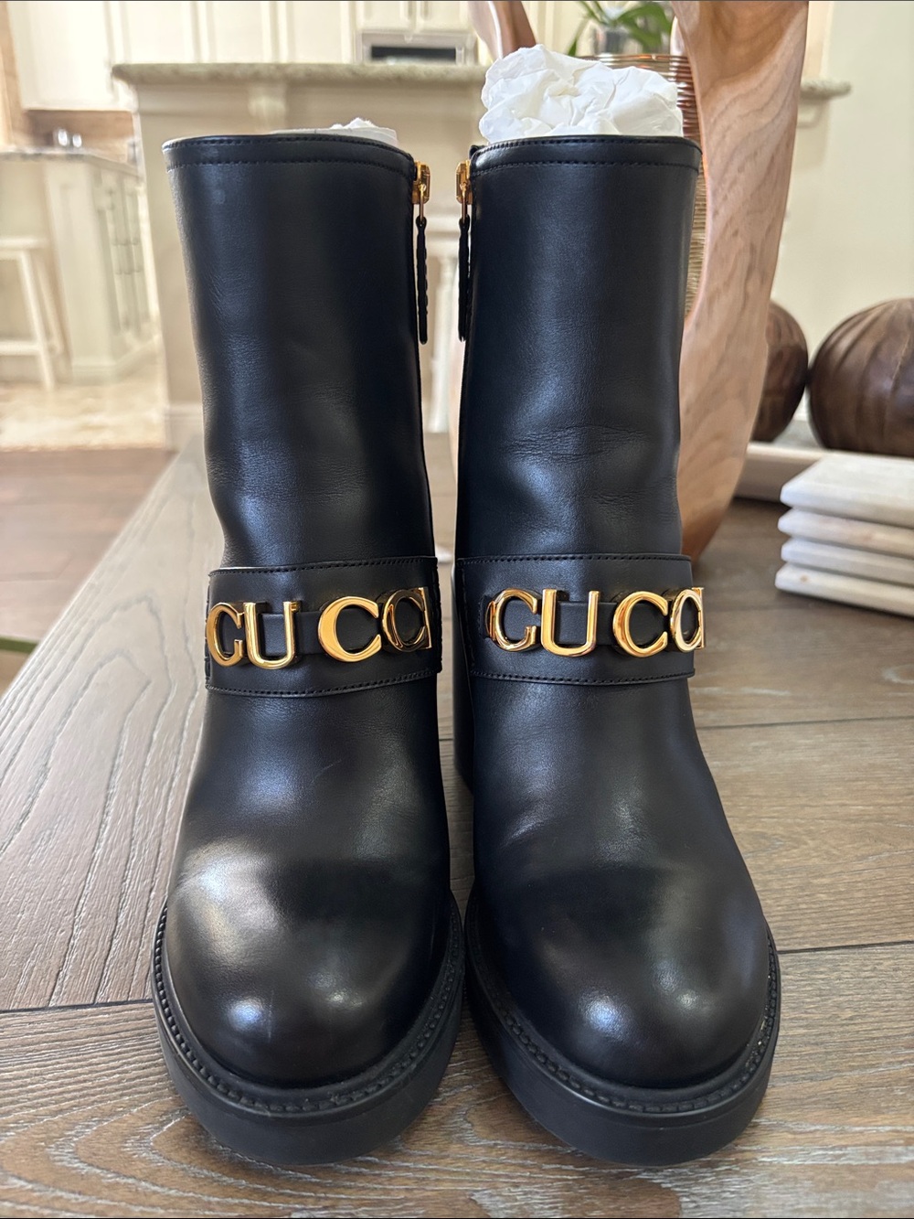 Gucci Black Leather Ankle Boots with Gold Logo Band